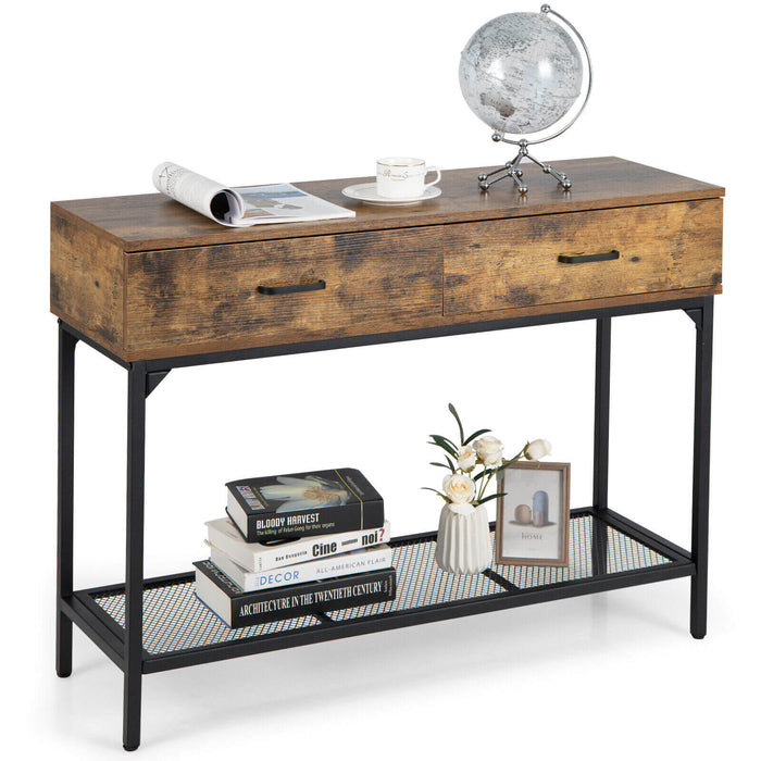 2 Drawers Industrial Console Table with Steel Frame for Small Space-Rustic Brown