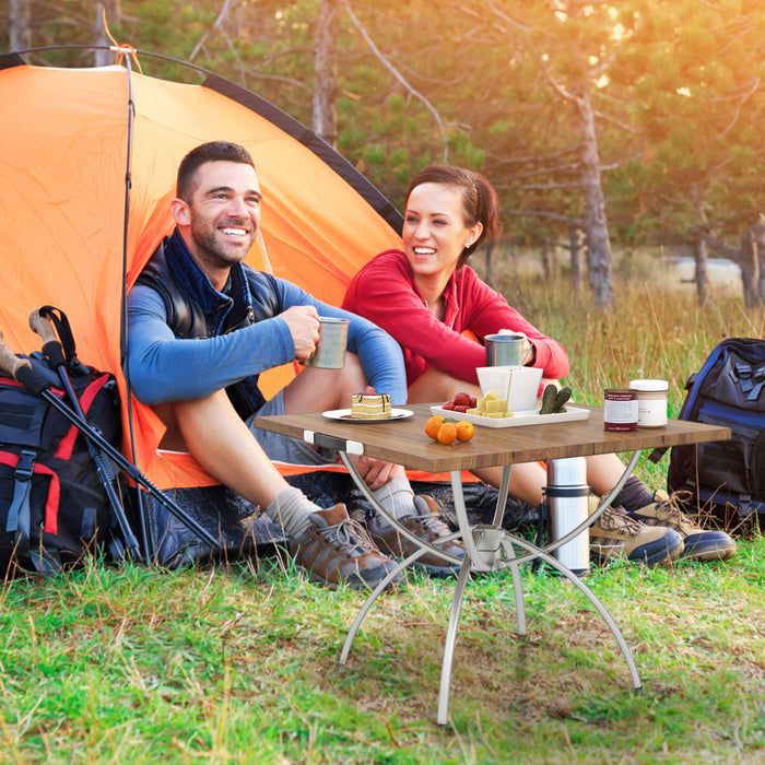 2 Pack Folding Camping Table with Wood-grain Tabletop for Hiking Party-Natural