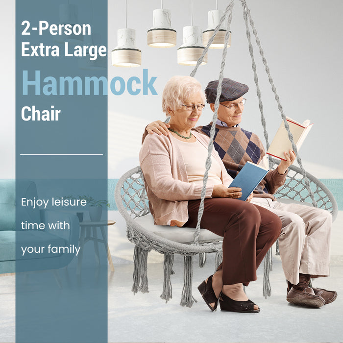 2 Person Hanging Hammock Chair Macrame Swing with Zippered Cushion-Gray