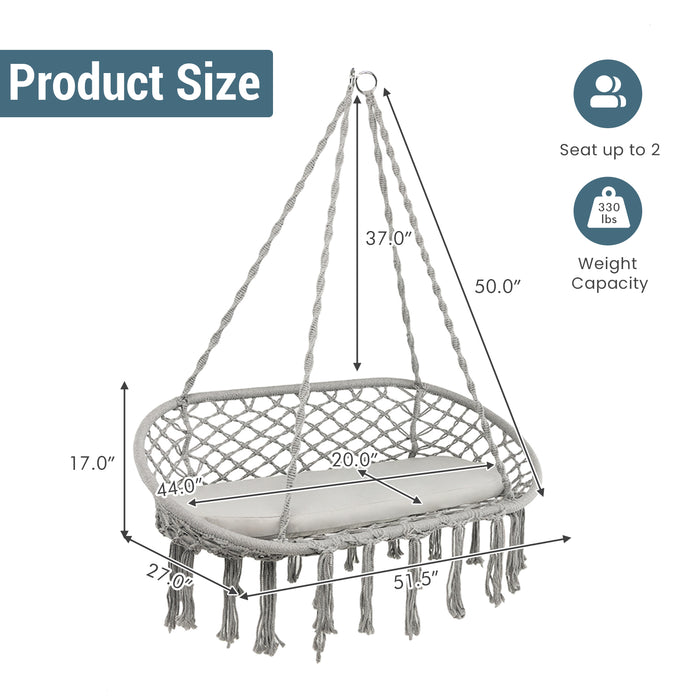 2 Person Hanging Hammock Chair Macrame Swing with Zippered Cushion-Gray