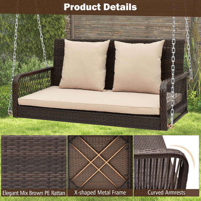 2-Person Outdoor Wicker Porch Swing with Seat and Back Cushions-Beige