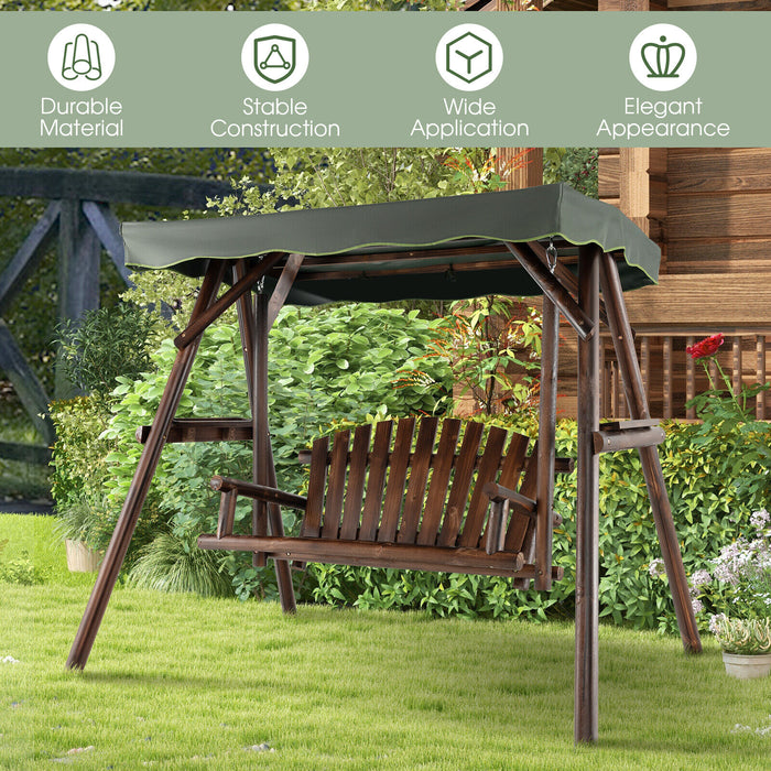 2-Person Outdoor Wooden Porch Swing with an Adjustable Canopy