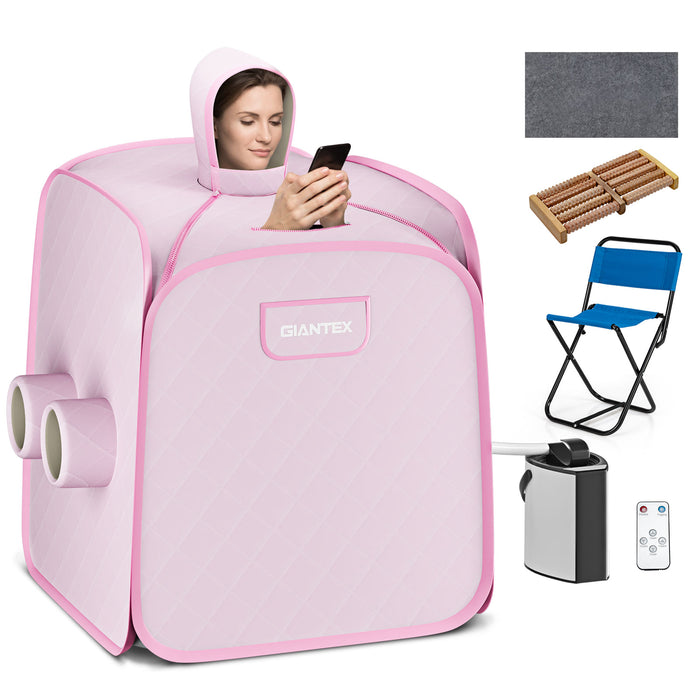 800W 2 Person Portable Steam Sauna Tent SPA with Hat Side Holes 3L Steamer-Pink