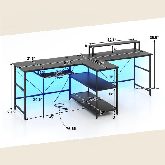 2-Person Reversible Computer Desk Long Office Desk with LED Lights-Black