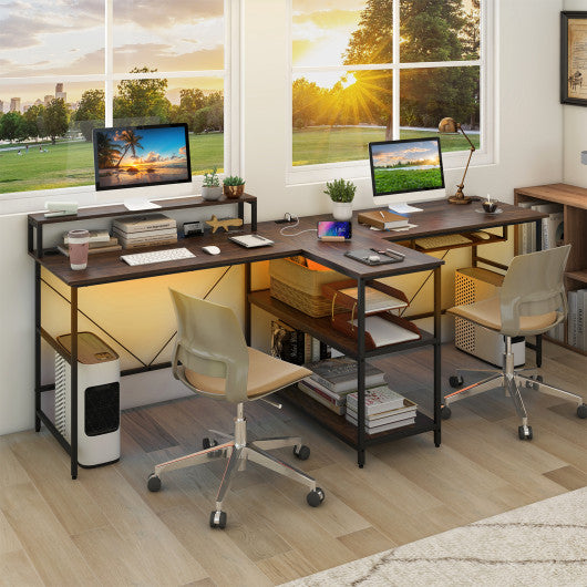 2-Person Reversible Computer Desk Long Office Desk with LED Lights-Walnut