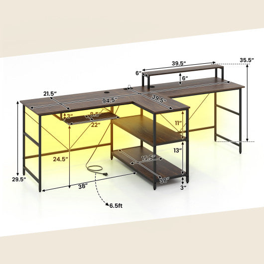 2-Person Reversible Computer Desk Long Office Desk with LED Lights-Walnut