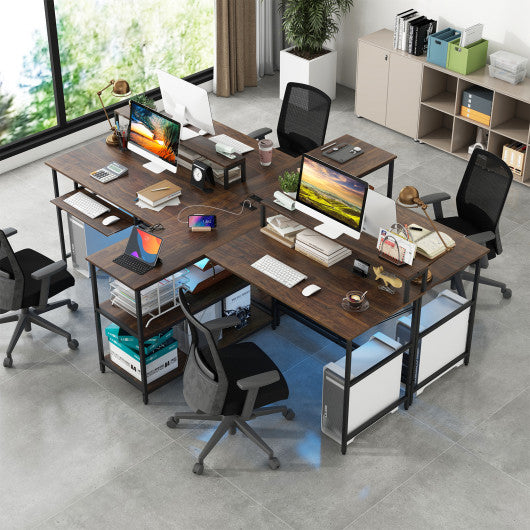 2-Person Reversible Computer Desk Long Office Desk with LED Lights-Walnut