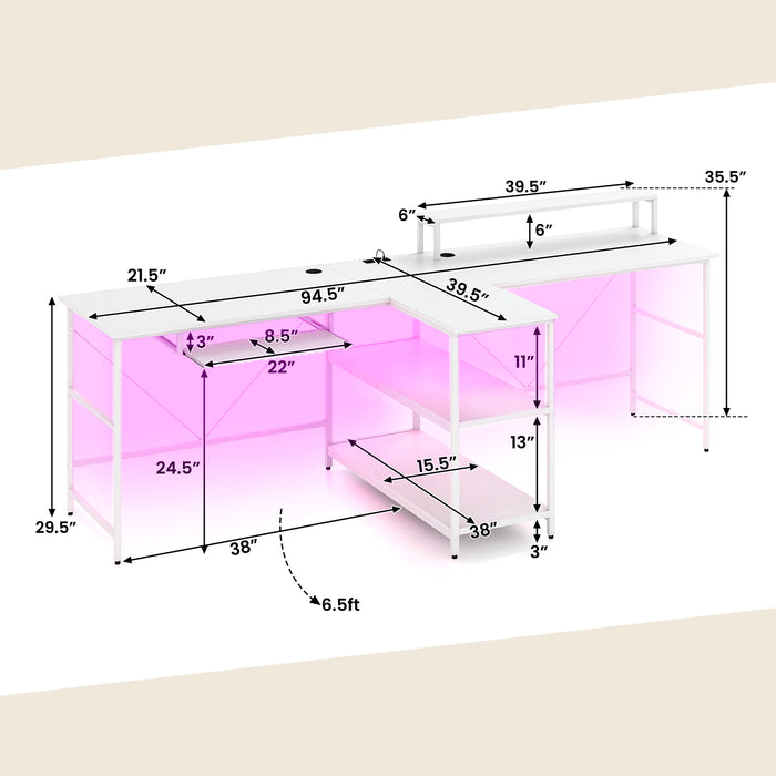 2-Person Reversible Computer Desk Long Office Desk with LED Lights-White