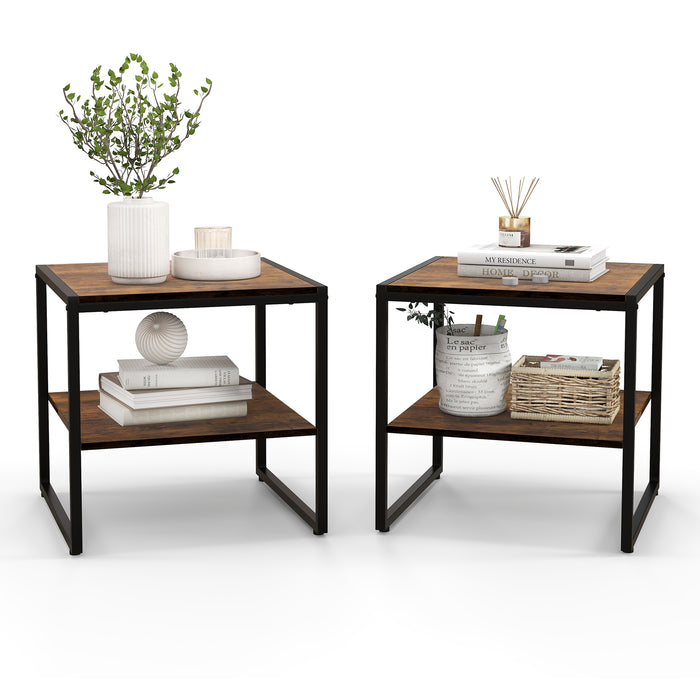 2 Pieces Industrial 2-Tier Side Table Set with Open Shelf-Rustic Brown