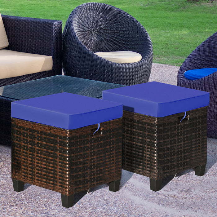 2 Pieces Patio Rattan Ottoman Set with Removable Cushions-Navy