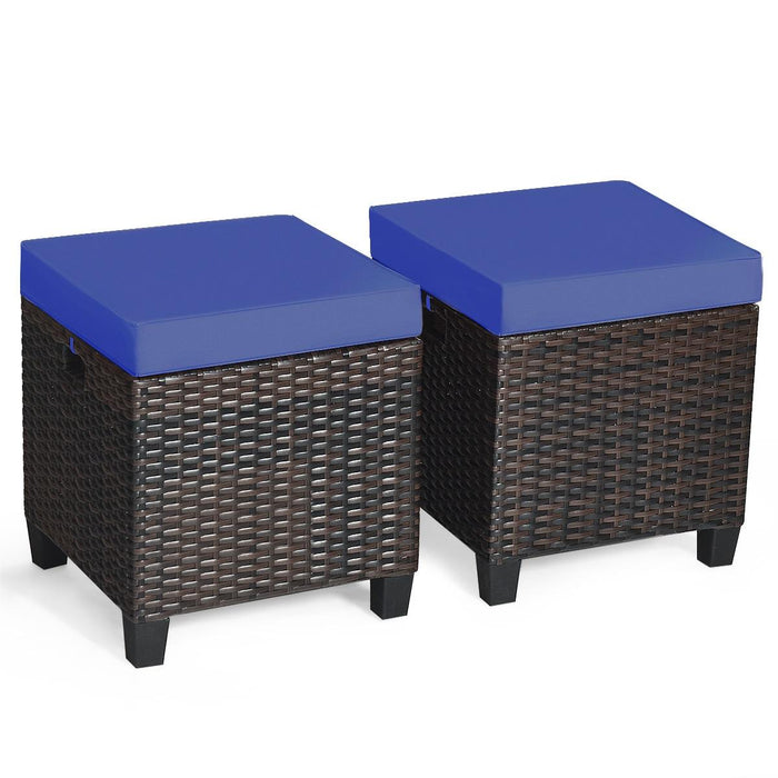 2 Pieces Patio Rattan Ottoman Set with Removable Cushions-Navy