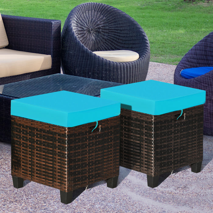 2 Pieces Patio Rattan Ottoman Set with Removable Cushions-Turquoise