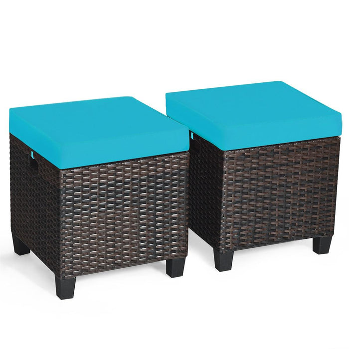 2 Pieces Patio Rattan Ottoman Set with Removable Cushions-Turquoise