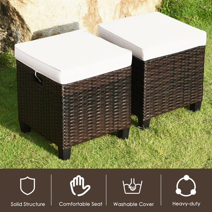 2 Pieces Patio Rattan Ottoman Set with Removable Cushions-White