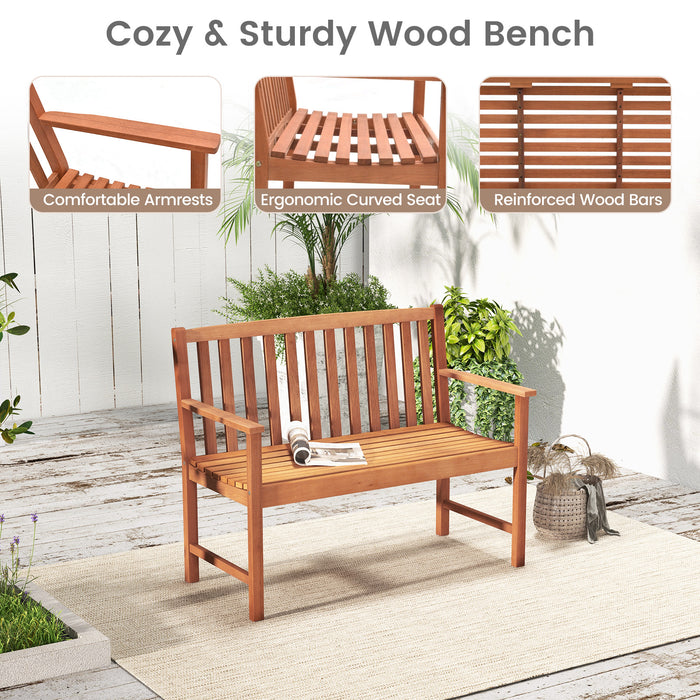 2-Seat Patio Wood Bench with Cozy Armrests and Backrest