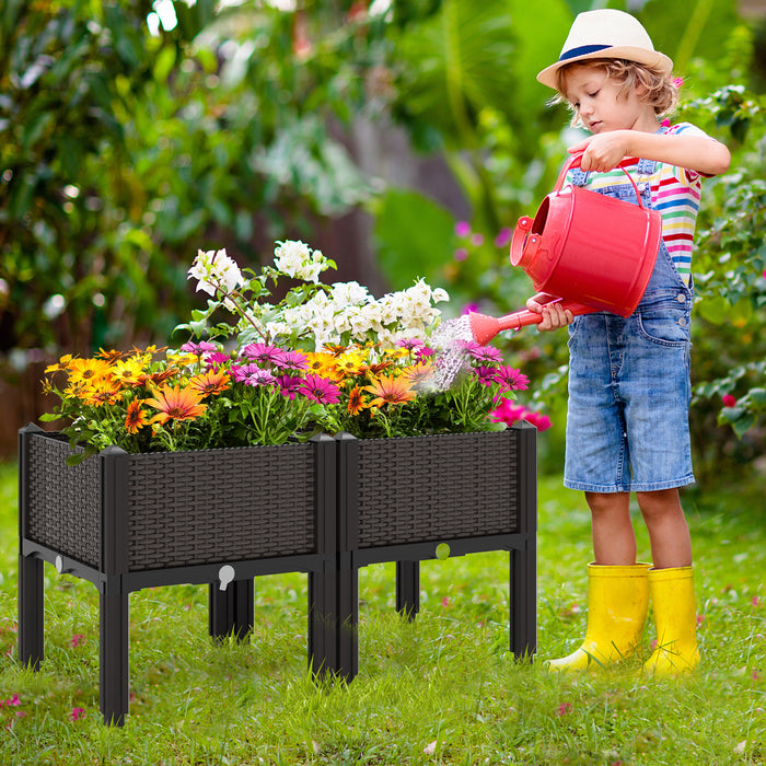 2 Set Elevated Plastic Raised Garden Bed Planter Kit for Flower Vegetable Grow-Brown