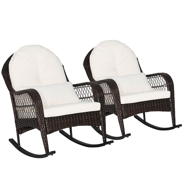 Patio Rattan Rocking Chair with Seat Back Cushions and Waist Pillow-White