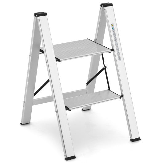 Folding Aluminum 2-Step Ladder with Non-Slip Pedal and Footpads-Silver