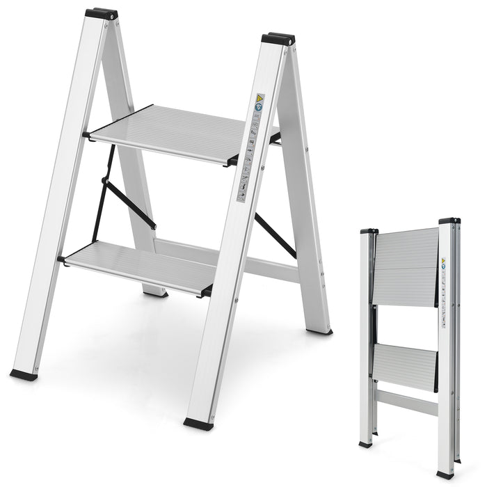 Folding Aluminum 2-Step Ladder with Non-Slip Pedal and Footpads-Silver