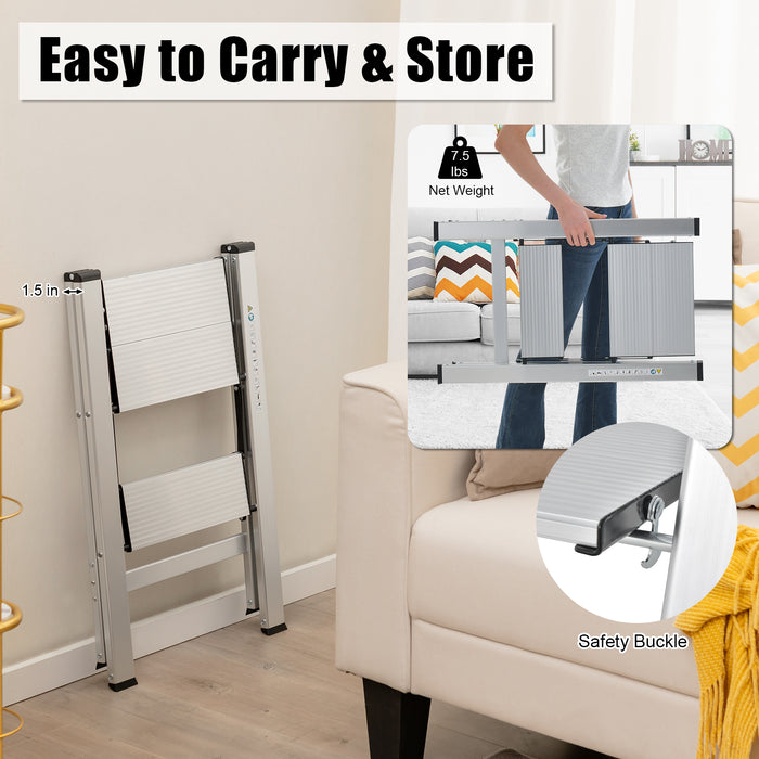 Folding Aluminum 2-Step Ladder with Non-Slip Pedal and Footpads-Silver