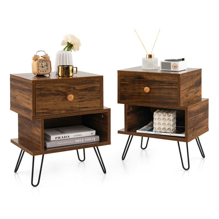 Set of 2 2-Tier Irregular Wooden Nightstands with Elevated Metal Feet-Walnut