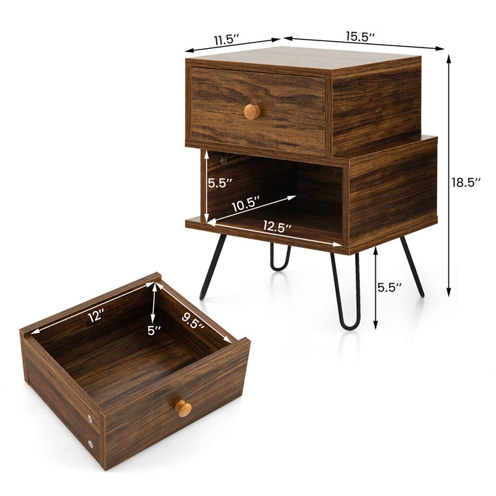 Set of 2 2-Tier Irregular Wooden Nightstands with Elevated Metal Feet-Walnut