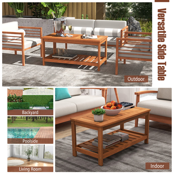 2-Tier Patio Coffee Table with Slatted Tabletop and Shelf