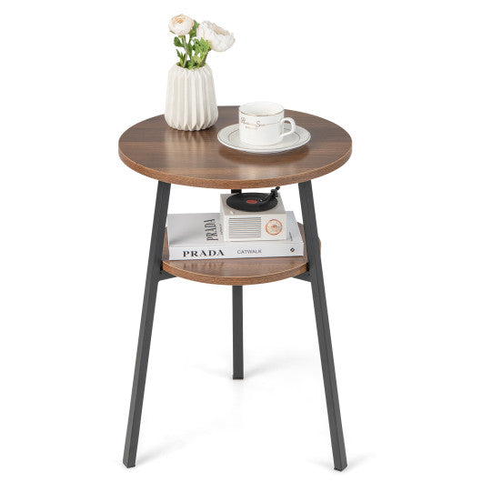 2-Tier Round End Table with Open Shelf and Triangular Metal Frame-Walnut