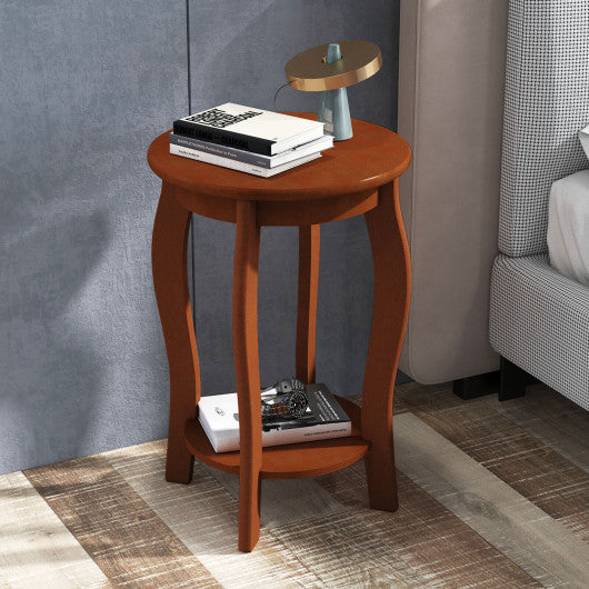 15 Inch 2-Tier Round End Table with Storage Shelf-Walnut