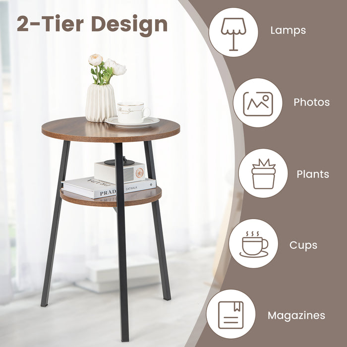 2-Tier Round End Table with Open Shelf and Triangular Metal Frame-Walnut