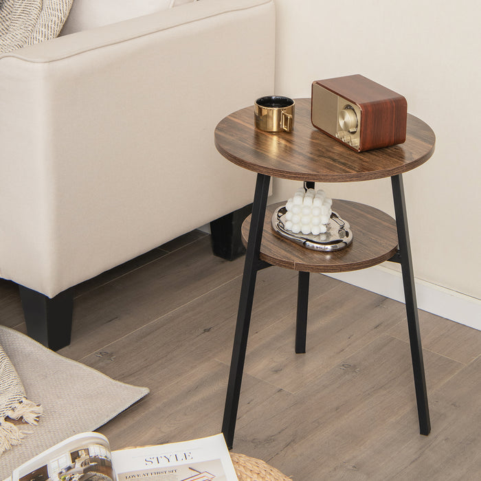 2-Tier Round End Table with Open Shelf and Triangular Metal Frame-Brown