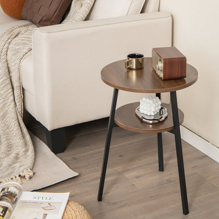 2-Tier Round End Table with Open Shelf and Triangular Metal Frame-Walnut