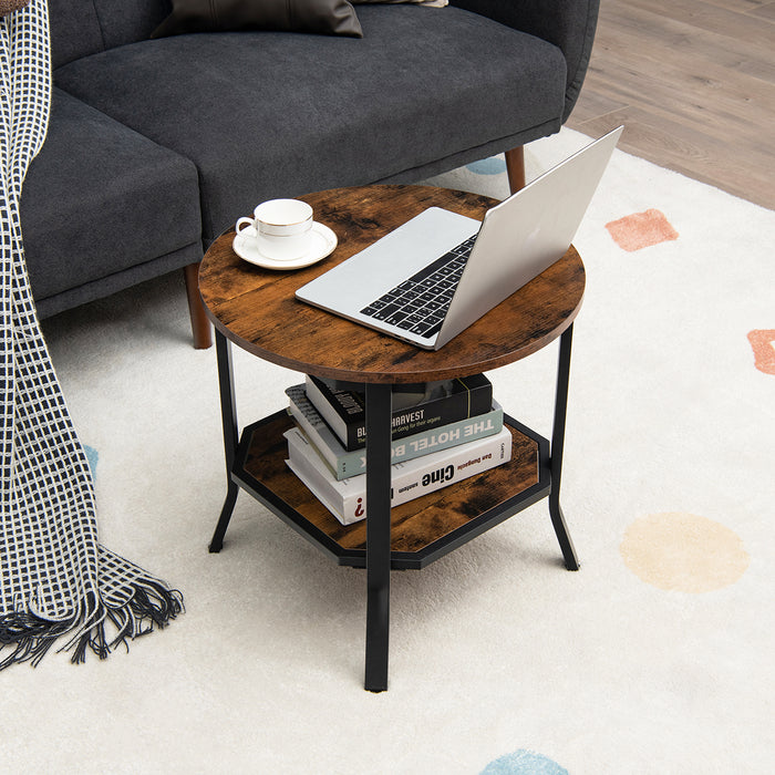 2-Tier Round End Table with Storage Shelf for Living Room-Brown