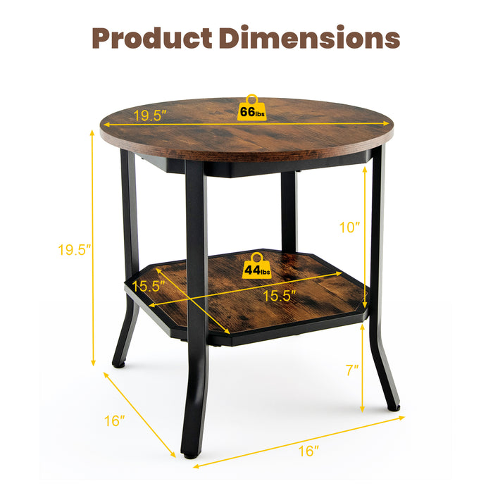 2-Tier Round End Table with Storage Shelf for Living Room-Brown