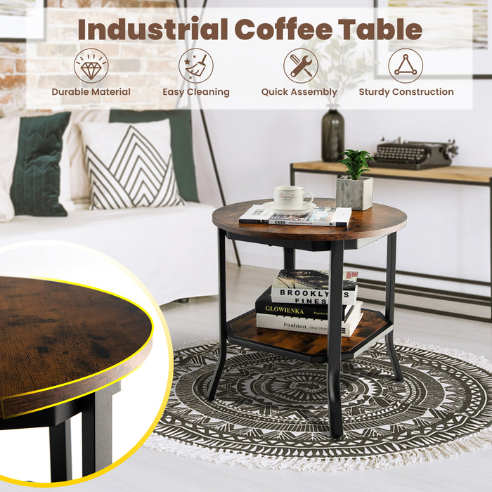 2-Tier Round End Table with Storage Shelf for Living Room-Brown