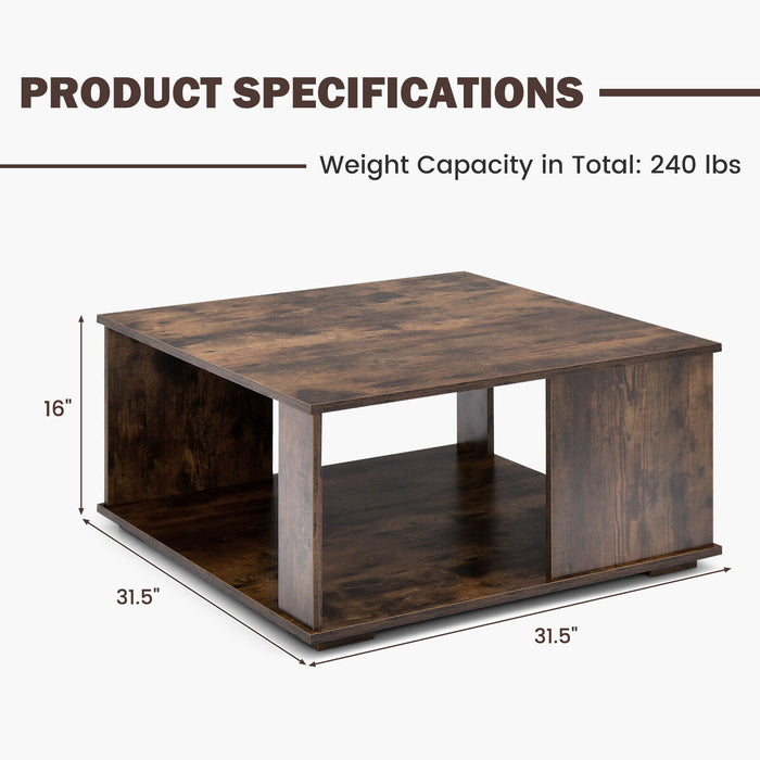 2 Tiers Square Coffee Table with Storage and Non-Slip Foot Pads-Rustic Brown