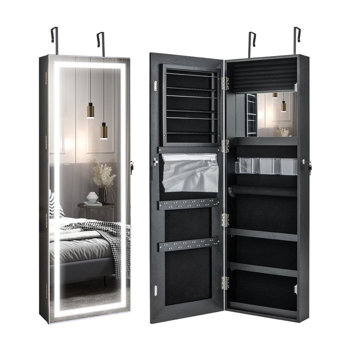 Mirrored Jewelry Armoire with Full Length Mirror and 2 Internal LED Lights-Black