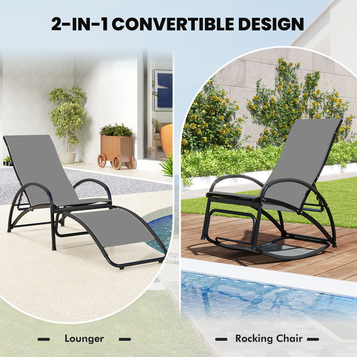 2-in-1 Outdoor Rocking Chair with 4-Position Adjustable Backrest for Patio Porch Poolside-Gray