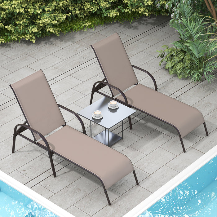 2 Pcs Outdoor Patio Lounge Chair Chaise Fabric with Adjustable Reclining Armrest-Brown