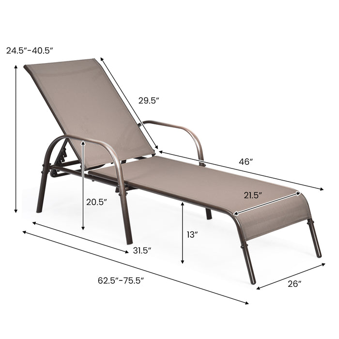 2 Pcs Outdoor Patio Lounge Chair Chaise Fabric with Adjustable Reclining Armrest-Brown