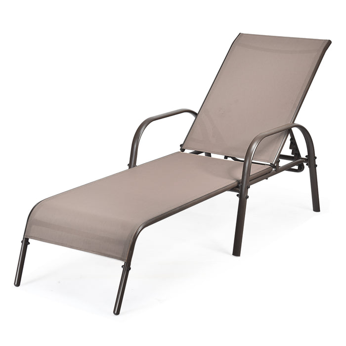 2 Pcs Outdoor Patio Lounge Chair Chaise Fabric with Adjustable Reclining Armrest-Brown