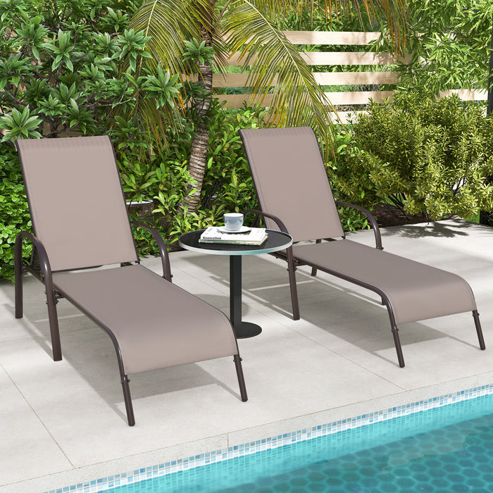 2 Pcs Outdoor Patio Lounge Chair Chaise Fabric with Adjustable Reclining Armrest-Brown