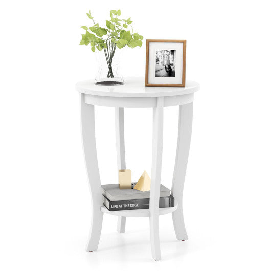 2-tier Round End Table with Solid Wood Legs-White