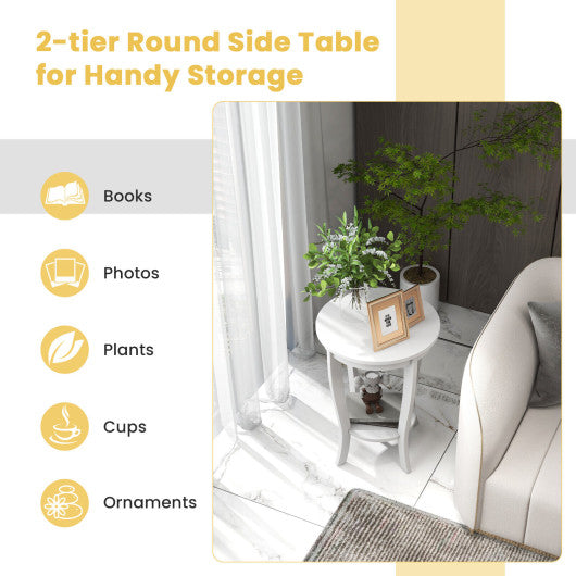 2-tier Round End Table with Solid Wood Legs-White