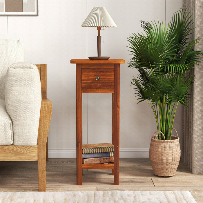 2 Tier Slim Nightstand Bedside Table with Drawer Shelf-Brown