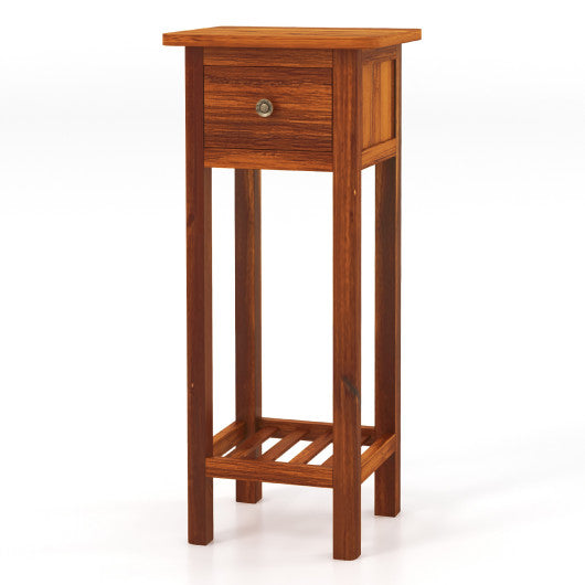 2 Tier Slim Nightstand Bedside Table with Drawer Shelf-Brown