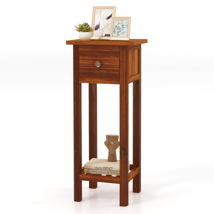 2 Tier Slim Nightstand Bedside Table with Drawer Shelf-Brown