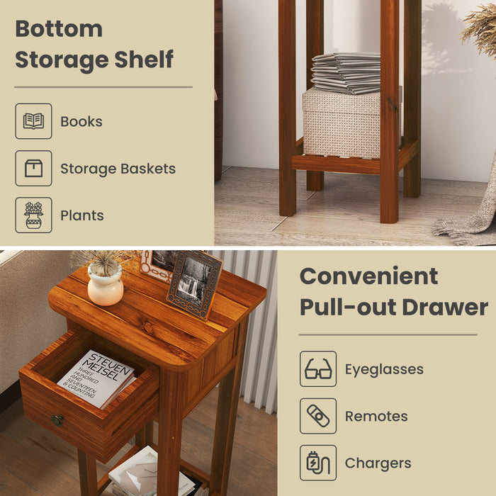 2 Tier Slim Nightstand Bedside Table with Drawer Shelf-Brown