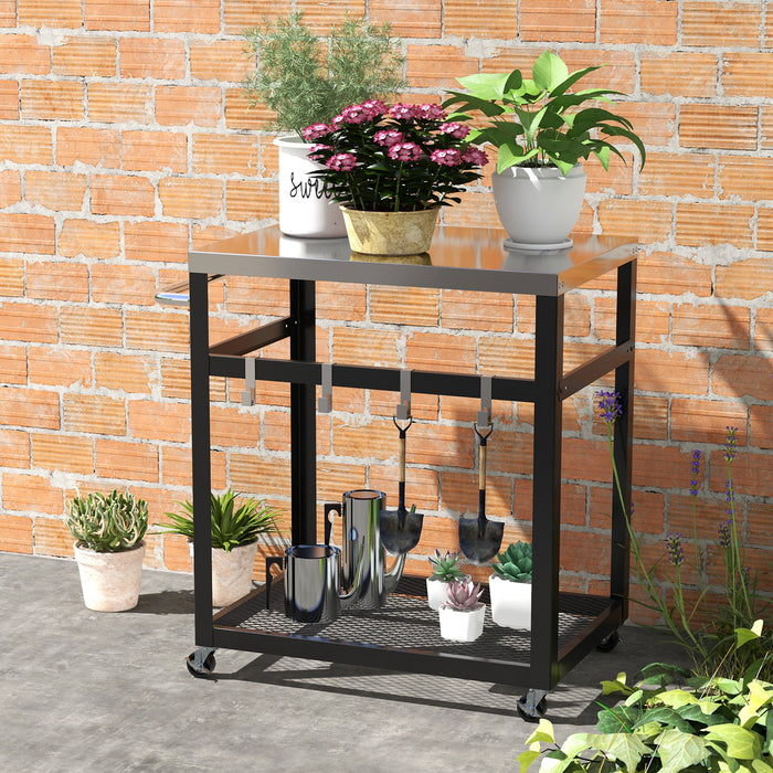 2-Tier Stainless Steel Grill Cart with 4 Hooks and Wheels BBQ Table-Black