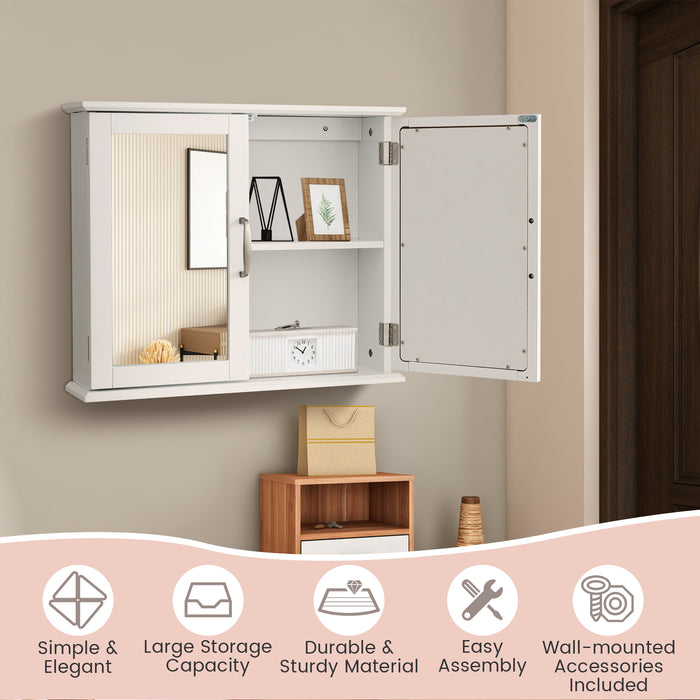 2-Tier Bathroom Wall-Mounted Mirror Storage Cabinet with Handles-White